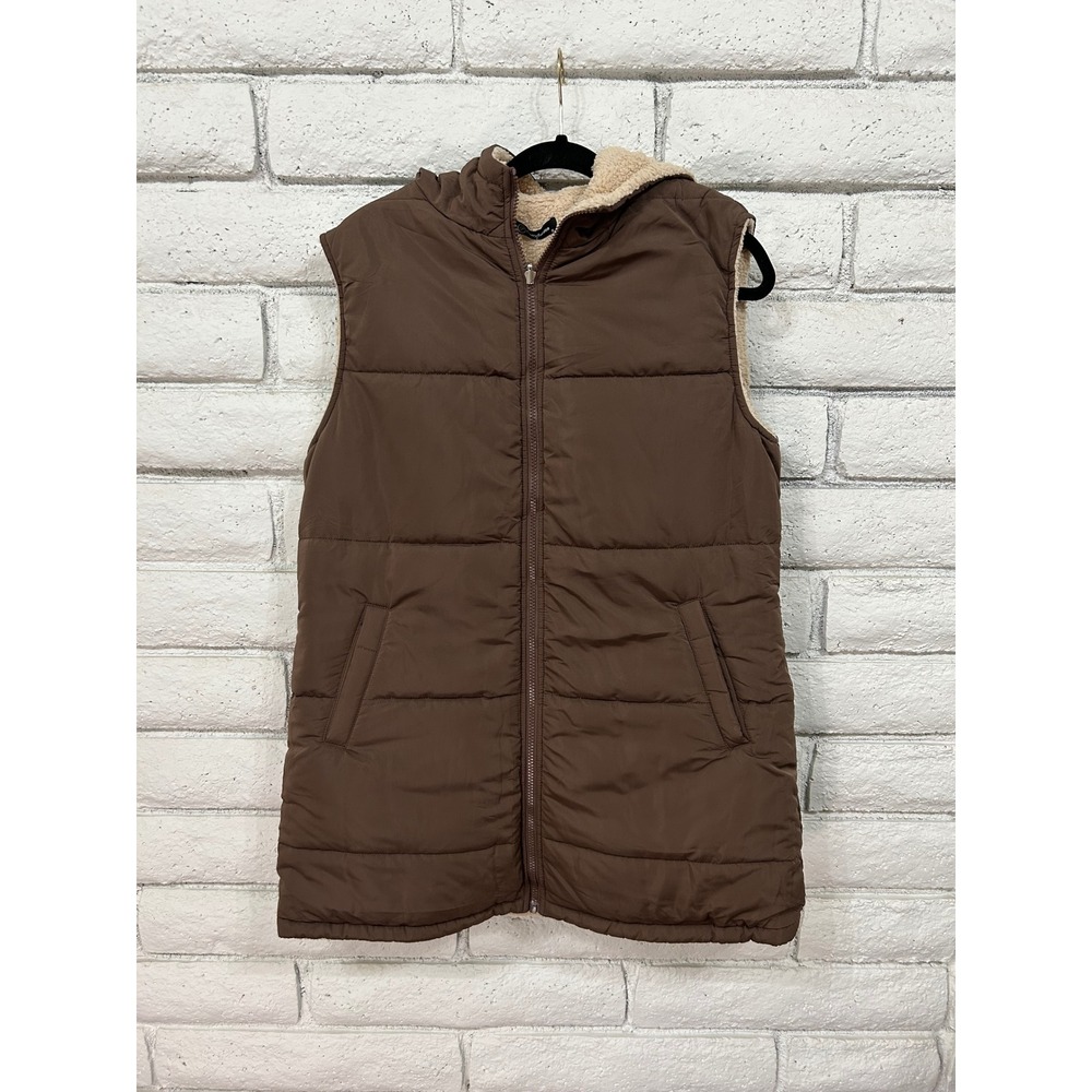 PrettyGarden Womens Brown Sherpa Lined Puffer Vest Hooded Full Zip Quilted Small